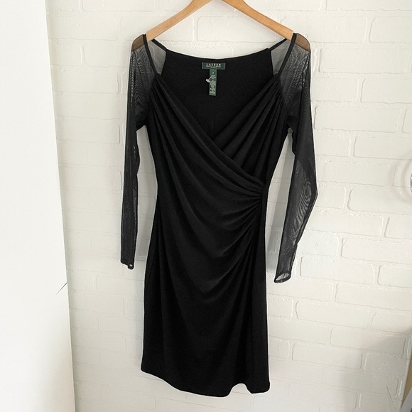 Lauren Ralph Lauren Mini dress Faux wrap V neckline Sheer Mesh long sleeve Sz 8 - Picture 2 of 11